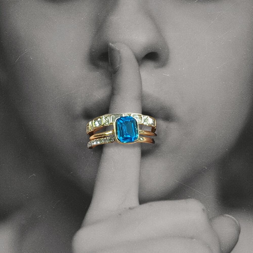 Goldtone Simulated London Blue Topaz Diamond Three Ring Set Size 8.5